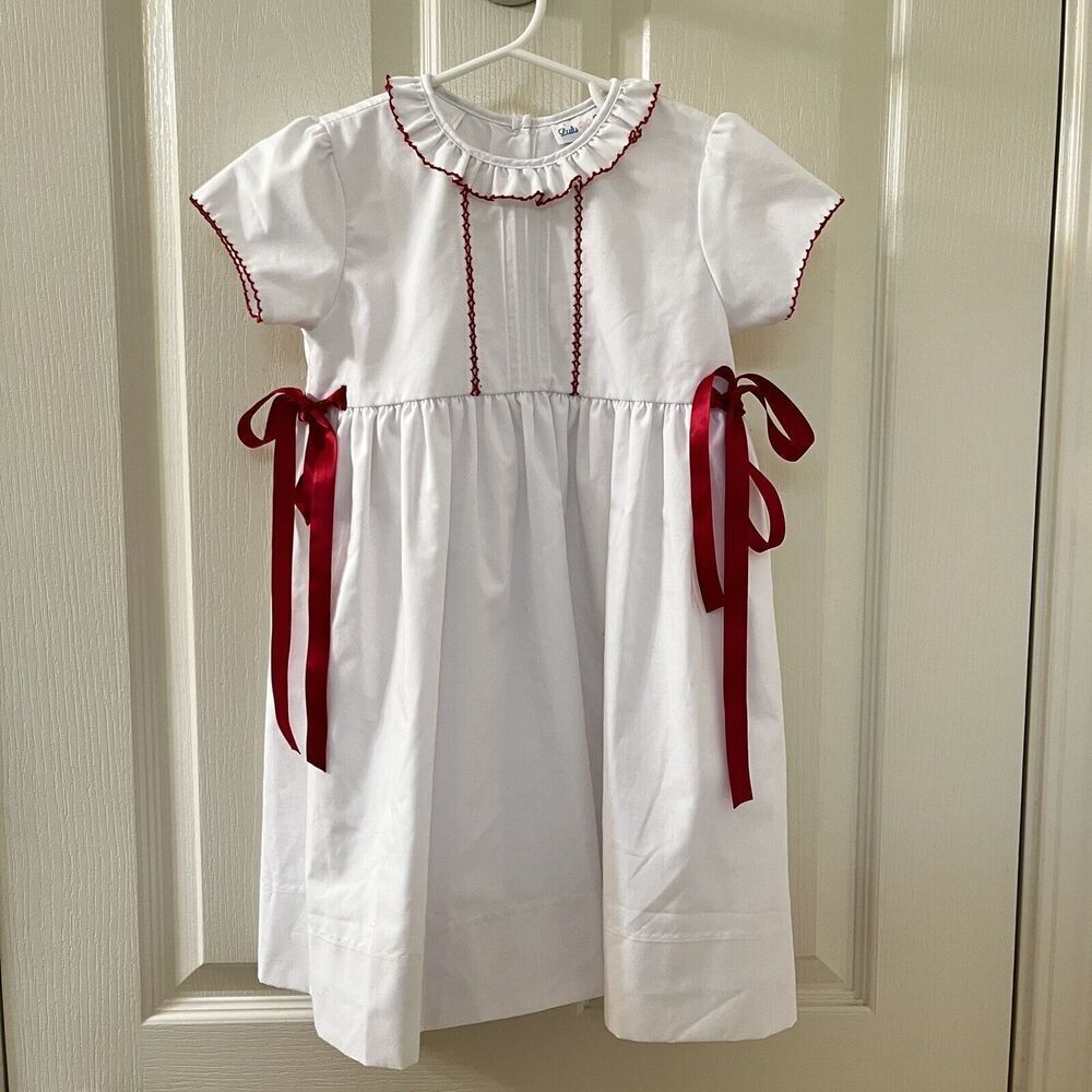 Lulu Bebe White and Red Natalie Embroidered Dress Side Bows Girls Size 4T